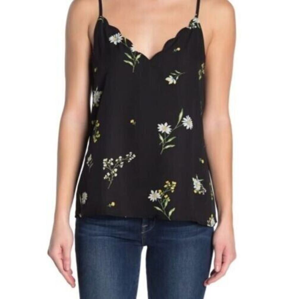 Socialite Women's Scalloped V-Neck Camisol In Black‎ Blue Yellow Flowers XSmall